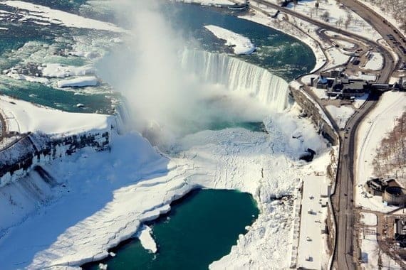 Our Anniversary at Frozen Niagara Falls 11 horseshoe falls aerial view